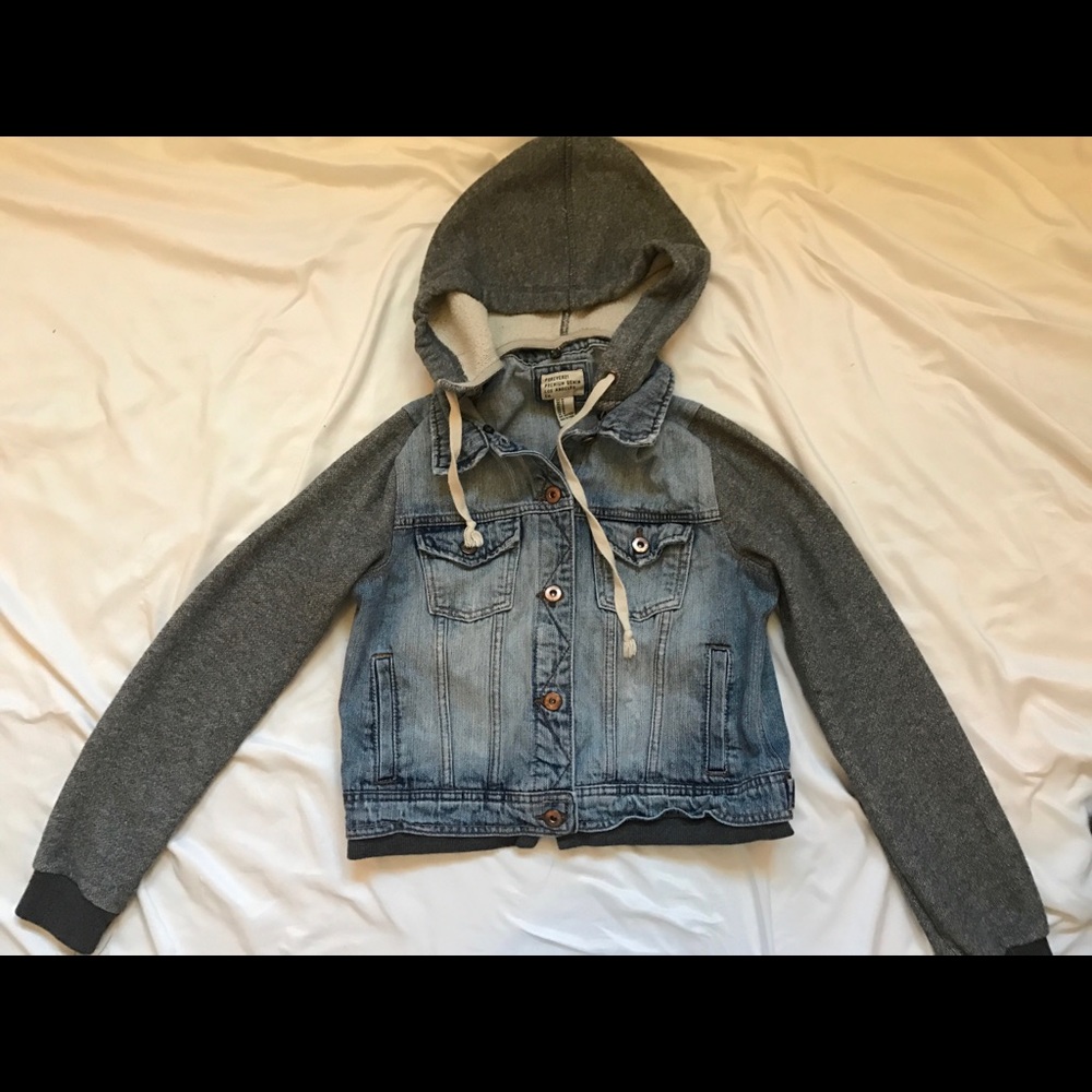 Jean Denim Jacket with Grey Sleeves & Hoodie